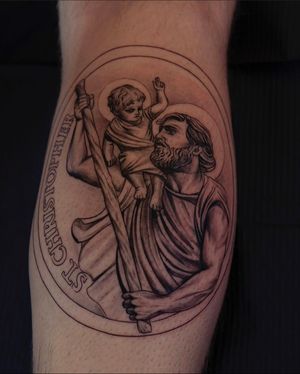 Unique black and gray dotwork tattoo of Saint Christopher by Ion Caraman, featuring intricate illustrative details.
