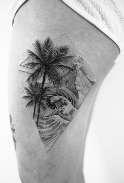 Explore the beauty of nature with this black and gray micro-realism tattoo featuring a wave, mountain, and palm tree. By artist Ion Caraman.