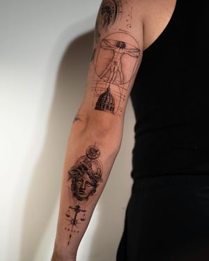 Fine line tattoo by Ion Caraman featuring a geometric interpretation of Vitruvian Man with Fibonacci spiral and golden ratio elements.