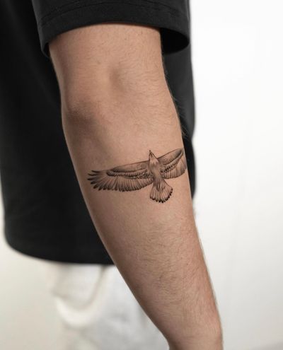 Fly high with this stunning black and gray illustrative eagle tattoo by the talented artist Ion Caraman. Perfect for nature lovers and symbolizes strength and freedom.