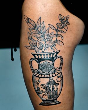 Aphrodite goddess vase tattoo design: Dove, Apple Shell,  By Fred Location Leg thigh