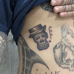 Get a unique skull tattoo inspired by Grim Fandango in dotwork style by tattoo artist Charlie Macarthur.