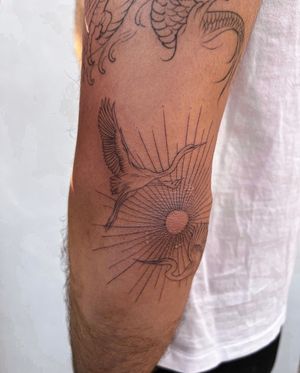 Beautifully detailed tattoo featuring a sun, heron, and crane in fine line illustrative style by Ion Caraman.