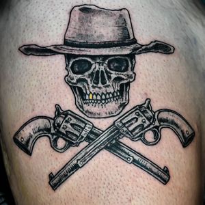 Skull Cowboy with 45 pistols design. Details, texture tattoo..