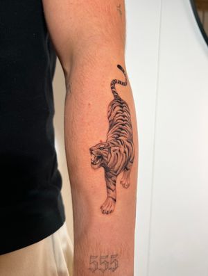 Experience the raw power and beauty of a black and gray illustrative tiger tattoo expertly crafted by Ion Caraman.