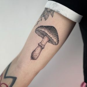 Delve into the whimsical world of mushrooms with this intricate dotwork and illustrative design by Paula.