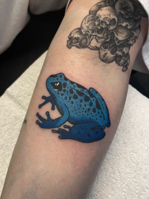 Capture the beauty of nature with this stunning illustrative blue frog tattoo by talented artist Claudia Vicente.