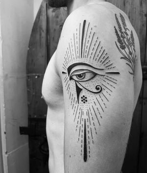 Unique dotwork design by Claudia Vicente, blending Egyptian motifs with geometric and illustrative styles.