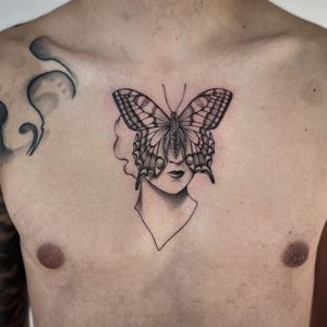 Captivating dotwork illustration of a moth and woman blended in stunning harmony, expertly crafted by Paula.