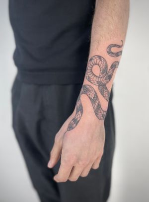 Get a stunning illustrative snake tattoo created by Paula, showcasing intricate details and beautiful design.