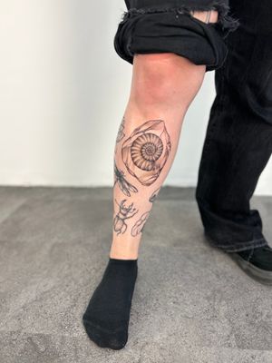 Get a unique and detailed dotwork tattoo of a crystal fossil design by the talented artist Paula.