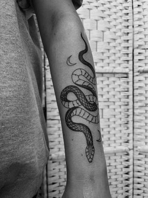 Experience the mystical beauty of a fine line illustrative tattoo featuring a crescent moon entwined with a snake, crafted by the talented artist Claudia Vicente.