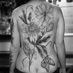Elegant black and gray illustrative tattoo featuring a butterfly and delicate botanical elements, created by Paula.