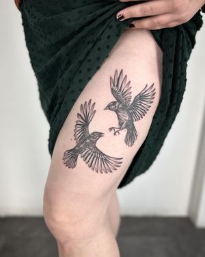 Get a stunning illustrative raven bird tattoo by artist Paula for a unique and captivating design.
