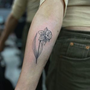 Get a delicate floral masterpiece with this illustrative daffodil tattoo by expert artist Holly Valley. Embrace botanical beauty today!