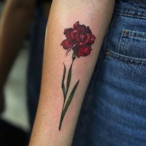 Experience the delicate beauty of Holly Valley's fine line illustrative style with this stunning botanical carnation tattoo.