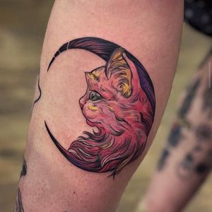 Holly Valley brings the mystical allure of the moon and the playfulness of a cat in this bold and vibrant neo-traditional tattoo design.