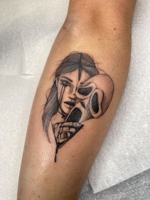 “My mom and dad are gonna be so mad at me!”😓😱🖤
What a day. Finally got to tattoo one of my ghostface lady faces form my older flash!! More like this plz. 
For enquiries and bookings please use booking link in bio 🥰
Done using @killerinktattoo @gangatattoo ink @dynamiccolor  @hustlebutterdeluxe @kwadron 
@eztattooing 
——————————————————————————————————-
#ghostfacetattoos #ghostfacetattoo #ghostfacetatt #ghostfaceedit #screamtattoo #screamtattoos #screammovies #scream #horrortattoos #horrortattoo #spookytattoo #mircorealism #microrealismtattoos #slashertattoo #slashertattoos #slashermovies #blackandgreytattoos #londontattooartist
