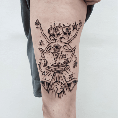 Get abducted by this out-of-this-world illustrative tattoo featuring an alien and UFO, created by the talented artist Adam McDade.