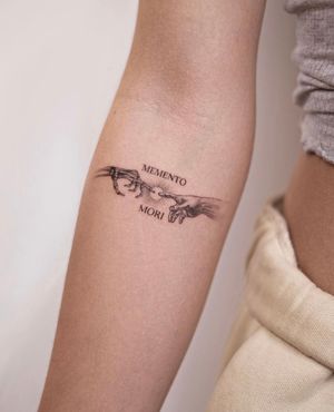 Fine line illustrative tattoo by Ion Caraman, featuring small lettering and a symbolic representation of creation and mortality.