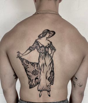 Experience the beauty of French culture with this dotwork and illustrative tattoo of a captivating woman by Ludo Matmut.
