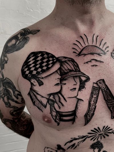 A beautiful dotwork tattoo featuring a couple watching the sunset with a French knife motif, expertly created by artist Ludo Matmut in a traditional style.