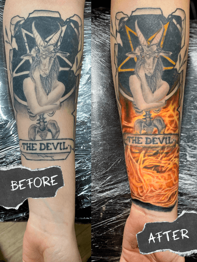 Get fiery flames & intricate details by Jens Lemmens for a devilishly impressive tattoo.