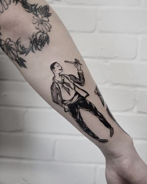Unique dotwork and traditional style tattoo of a vintage French man by artist Ludo Matmut.