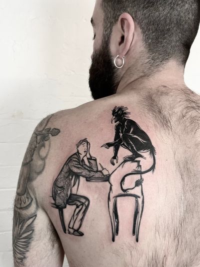 A unique dotwork and illustrative tattoo featuring a devilish Frenchman in traditional patchwork style by Ludo Matmut.