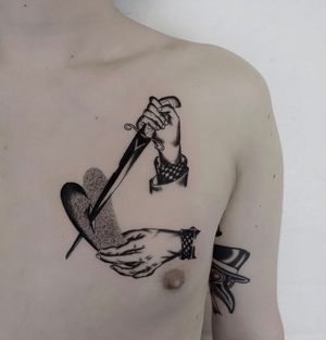 Dotwork and traditional tattoo featuring a heart, dagger, French elements, hands, and knife. Designed by Ludo Matmut.