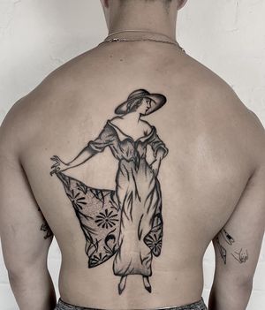 Get a stunning illustrative vintage woman tattoo by renowned artist Ludo Matmut, capturing the essence of retro beauty.