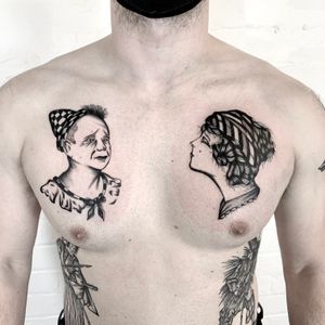 Unique dotwork, illustrative, and traditional portrait tattoo of a haunting clown woman by Ludo Matmut.