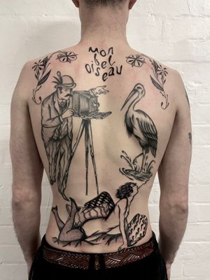 Unique dotwork tattoo featuring a French pin up woman with a photographer crane in a traditional illustrative style by Ludo Matmut.
