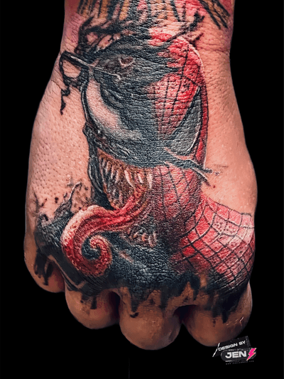 Blend of anime, realism, and illustrative styles by Jens Lemmens showcasing the epic battle between Venom and Spider Man from the comics.