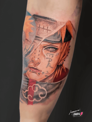 Embrace your love for anime with this dynamic Naruto tattoo, expertly inked by Jens Lemmens. Capture the spirit of your favorite ninja!