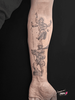 Illustrative black and gray tattoo combining the Monkey King and Shiva motifs, created by Jens Lemmens.