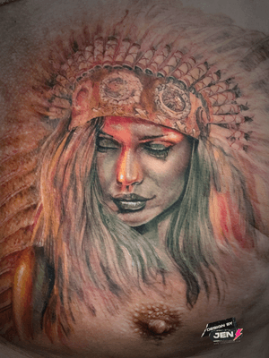 Beautiful tattoo design of a Native American woman, expertly crafted by Jens Lemmens in an illustrative style.