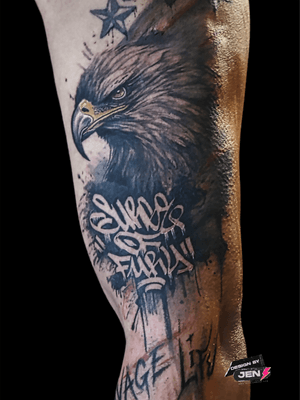 Get a stunning mix of realism and intricate lettering with this powerful eagle tattoo by renowned artist Jens Lemmens.
