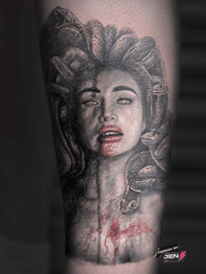 Capture the mythical beauty and power of Medusa with this stunning black and gray realism tattoo by renowned artist Jens Lemmens.