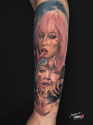 Capture the allure of a woman with a cigarette in a hyper realistic tattoo by the talented artist Jens Lemmens.