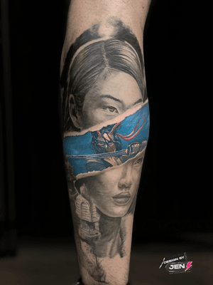 A stunning black and gray realism tattoo featuring a samurai and ninja in an epic movie-inspired design by artist Jens Lemmens.