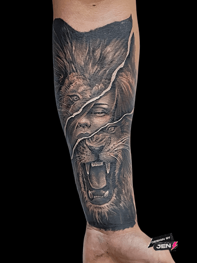 Celebrate inner strength and beauty with this stunning black and gray realism tattoo by Jens Lemmens. A powerful lion and serene woman combine for a captivating design.