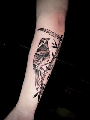 Unique tattoo by Ben Twentyman featuring a bird and a scythe, beautifully detailed in illustrative style.