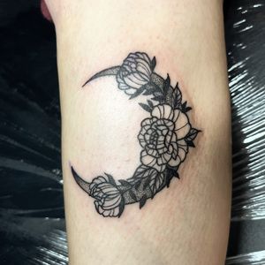 Beautiful dotwork illustration featuring a moon and intricate peony flower, created by tattoo artist Ben Twentyman.