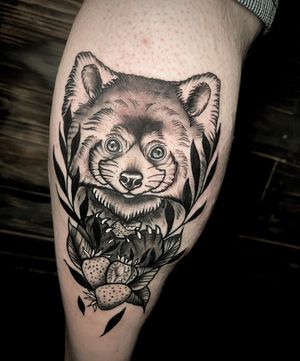 Unique black and gray tattoo featuring a red panda, fire fox, and strawberry, expertly done by Ben Twentyman.