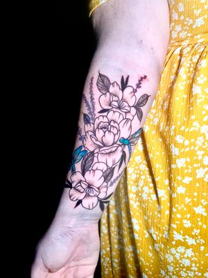 Stunning illustrative peony tattoo by Ben Twentyman, featuring intricate floral details.