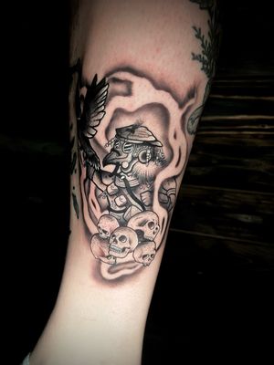 Embrace the dark side with this illustrative tattoo featuring a skull witch doctor, expertly crafted by artist Ben Twentyman.