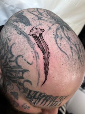 Unique illustrative tattoo featuring a stake, nail, and pin, designed by the talented artist Claudia Whiteheart.