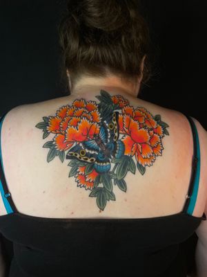 Butterfly and Peony flowers