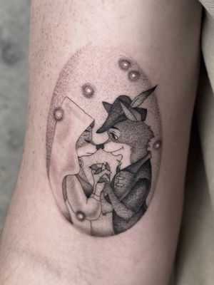 Get a unique dotwork and fine line tattoo featuring a Disney-inspired fox design, brought to life by artist Laura May.